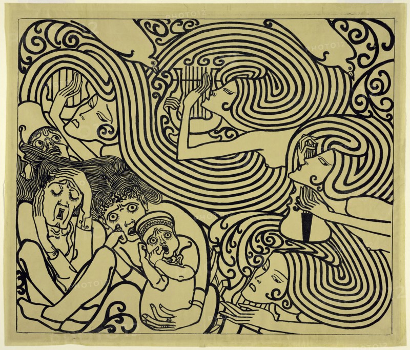 Image Design for a Poster, Wagenaar’s Cantata ‘The Shipwreck’, 1899, Jan Toorop, Dutch, 1858-1928, Holland, Zincograph in blue-black on yellow wove paper, 467 x 558 mm (image), 509 x 597 mm (sheet)
