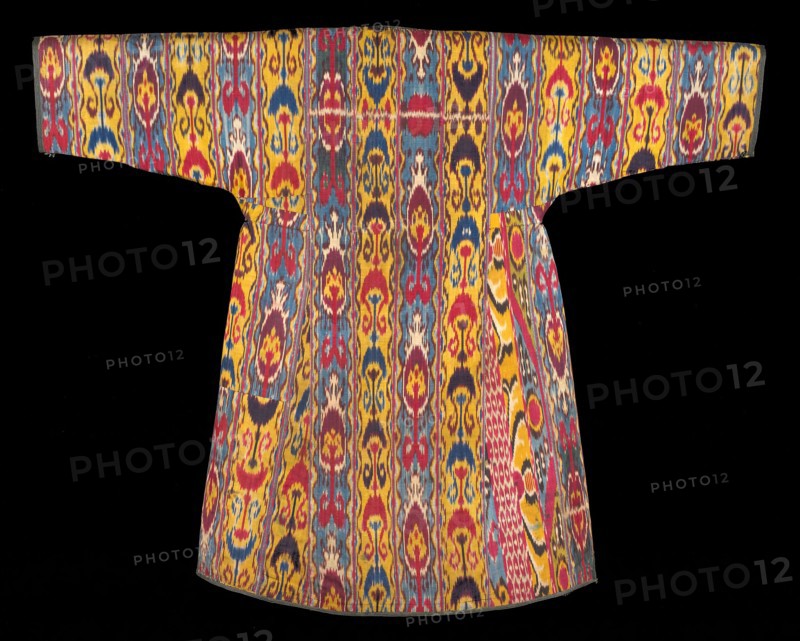 Woman’s Robe, 1840s/60s, Uzbekistan, Bukhara, Uzbekistan, Silk and cotton, plain weave, warp-resist-dyed (ikat), edged with silk twined embroidery, 134 × 167.5 cm (52 13/16 × 54 in.)