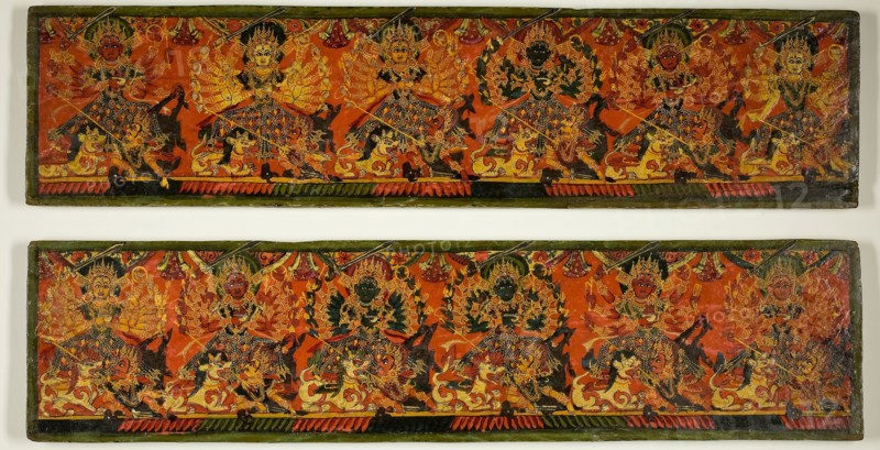 Pair of Manuscript Covers with Twelve Durgas on Snow Lions Slaying the Buffalo Demon (Mahishasuramardini), 18th century, Nepal, Nepal, Pigments and metallic paint on wood, 1.1 x 48.8 x 11.7 cm (3/8 x 19 5/16 x 4 5/8 in.)