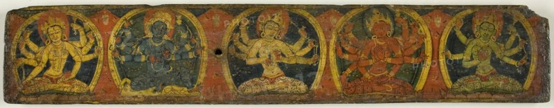Manuscript Cover of the Five Protective Goddeses (Pancharaksha), 12th century, Nepal, Nepal, Pigments and metallic paint on wood, 1.2 x 31.8 x 5.8 cm (1/2 x 12 1/2 x 2 15/16 in.)