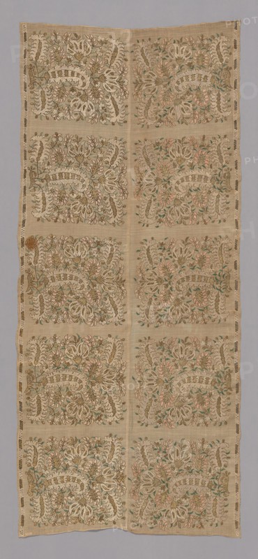 Two Borders Joined, 19th century, Turkey, Turkey, Linen, plain weave, pulled thread work embroidered with linen, silk, and gilt-metal-strip-wrapped silk in hem and overcast stitches, cut and drawn work embroidered in darning and hem stitches, selvages present at top and bottom, 146.6 x 62.5 cm (57 3/4 x 24 5/8 in.)