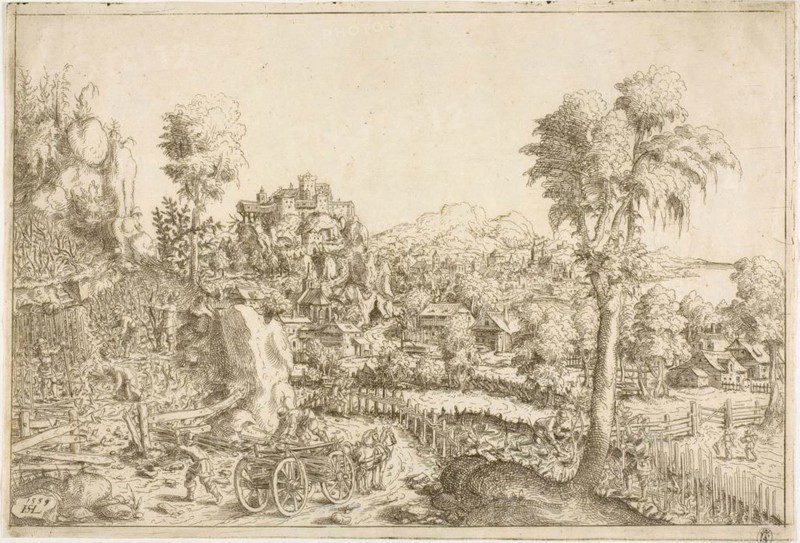 Landscape with a Vine-Yard, in the Middle a Chariot Loaded with Poles, c. 1559, Hanns Lautensack, German, 1524-1560/66, Germany, Etching on cream laid paper, 205 × 300 mm