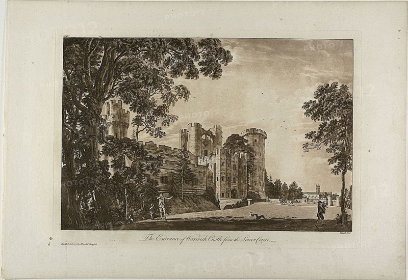 The Entrance of Warwick Castel from the Lower Court, plate 2, January 1776, Paul Sandby, English, 1731-1809, England, Etching and aquatint, printed in bistre ink on heavy cream laid paper, 320 × 457 mm (image), 340 × 480 mm (plate), 440 × 635 mm (sheet)