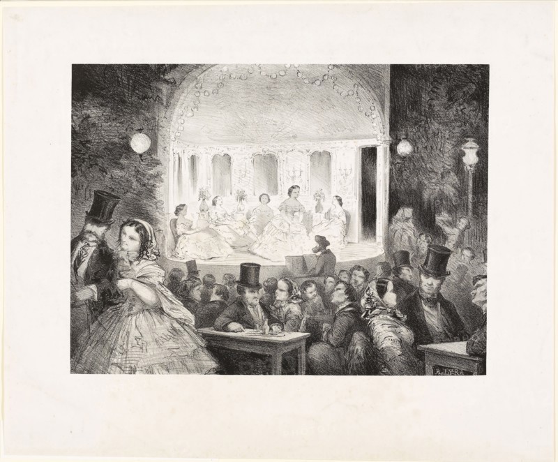 Sketch of a Café-Concert on the Rue Madame, 1857, Antoine-Gustave Droz, French, 1832-1895, French, Lithograph on white wove paper, 306 × 410 mm (image), 312 × 426 mm (fake plate mark), 442 × 541 mm (sheet)