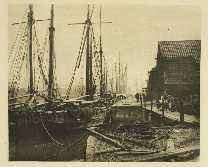 The Quays at Dinner-Time, 1887, Peter Henry Emerson, English, born Cuba, 1856–1936, England, Photoetching, pl. XIV from the album "Wild Life on a Tidal Water: The Adventures of a House-Boat and Her Crew" (1890), edition 270/50, 12.2 × 15 cm (image), 25 × 29.9 cm (paper)