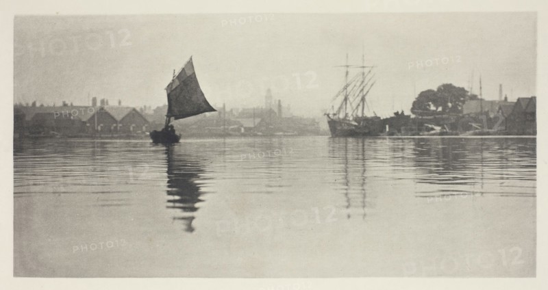 On the Flood, 1887, Peter Henry Emerson, English, born Cuba, 1856–1936, England, Photoetching, pl. III from the album "Wild Life on a Tidal Water: The Adventures of a House-Boat and Her Crew" (1890), edition 270/50, 10.8 × 21.5 cm (image), 24.2 × 29.9 cm (paper)
