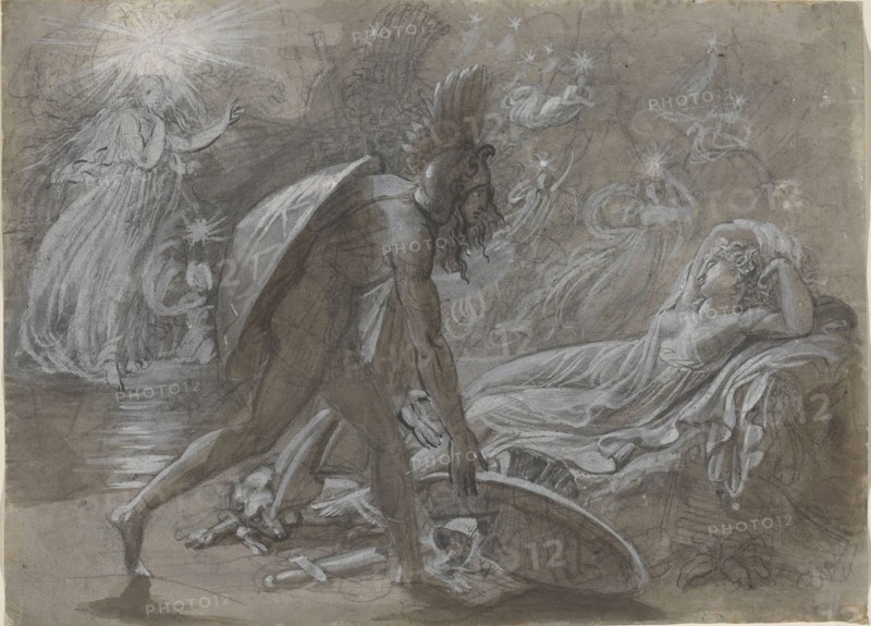 Fingal Mourning Over the Body of Malvina, from Ossian’s Berrathon, c. 1810, Anne-Louis Girodet de Roucy-Trioson, French, 1767-1824, France, Black chalk with brush and black ink and brown wash, heightened with white gouache, on ivory laid paper prepared with a gray wash, 184 × 257 mm
