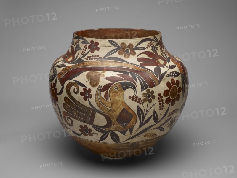 Polychrome Jar with Rainbow, Macaw, and Floral Motifs, 1880s, Acoma, Acoma Pueblo, New Mexico, United States, New Mexico, Ceramic and pigment, 42.6 × 46.7 cm (16 3/4 × 18 3/8 in.)
