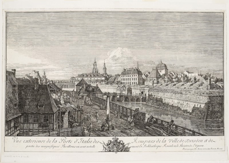 Exterior View of the Italian Gate of the Ramparts of the Town of Dresden, 1750, Bernardo Bellotto, Italian, 1721-1780, Italy, Etching on ivory laid paper, 531 x 838 mm (plate), 522 x 820 mm (sheet)