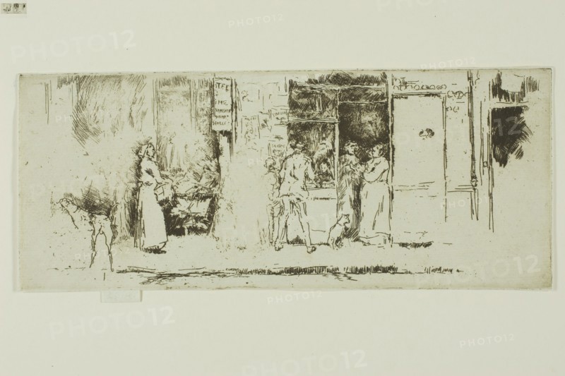 Newspaper-Stall, Rue de Seine, 1893, James McNeill Whistler, American, 1834-1903, United States, Etching in dark brown ink on light gray laid paper, 84 x 200 mm (sheet excluding tab), 88 x 200 mm (sheet including tab)