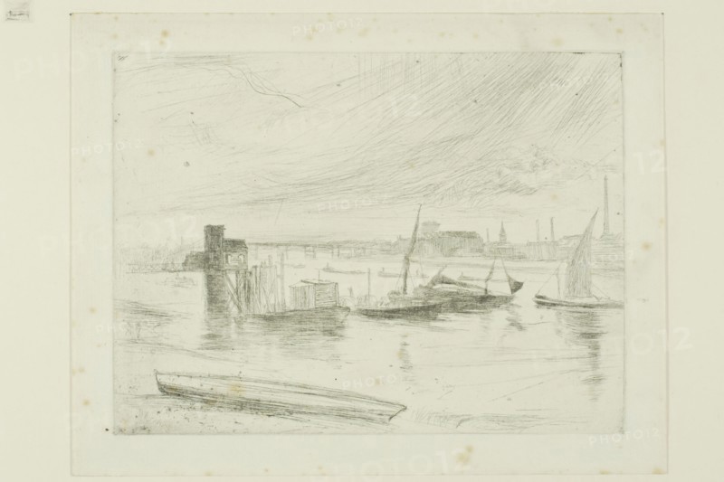 Battersea Dawn (Cadogan Pier), 1863, James McNeill Whistler, American, 1834-1903, United States, Etching and drypoint with foul biting in black ink on cream laid paper, 113 x 150 mm (plate), 137 x 175 mm (sheet)