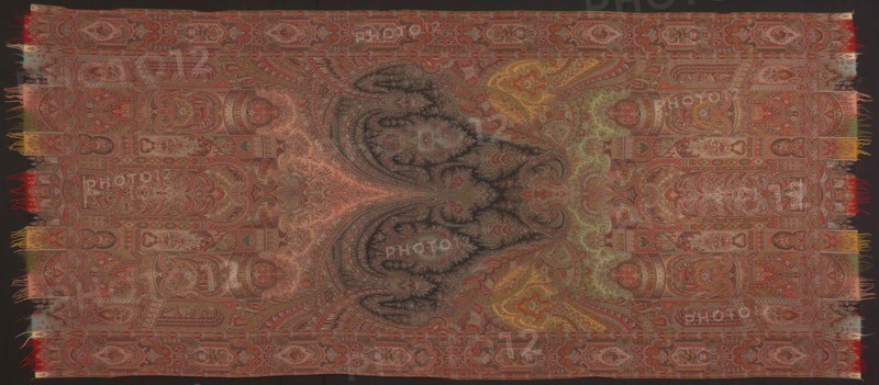 Shawl, c. 1855/62, Probably designed by Anthony Berrus, French, 1815–1883, France, probably Paris, France, Silk and wool, twill weave with supplementary patterning wefts bound in twill interlacings, main warp fringe, woven on a loom with a Jacquard attachment, 354 × 152.3 cm (129 3/8 × 59 7/8 in.)
