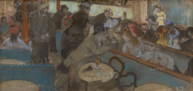 Café-Concert (The Spectators), 1876/77, Edgar Degas, French, 1834-1917, France, Pastel over monotype on buff wove paper, laid down on tan card, 201 × 415 mm (image/plate), 210 × 427 mm (sheet)