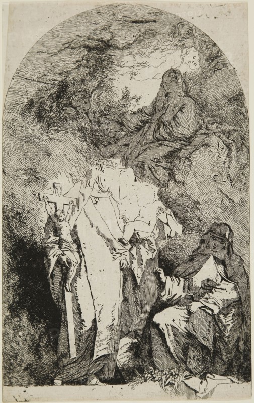 The Madonna with SS. Catherine, Rose from Lima, and Agnes from Montepulciano, 1763/64, Jean Honoré Fragonard (French, 1732-1806), after Giovanni Battista Tiepolo (Italian, 1696-1770), France, Etching on buff laid paper, 217 × 135 mm (image/sheet), cut within platemark