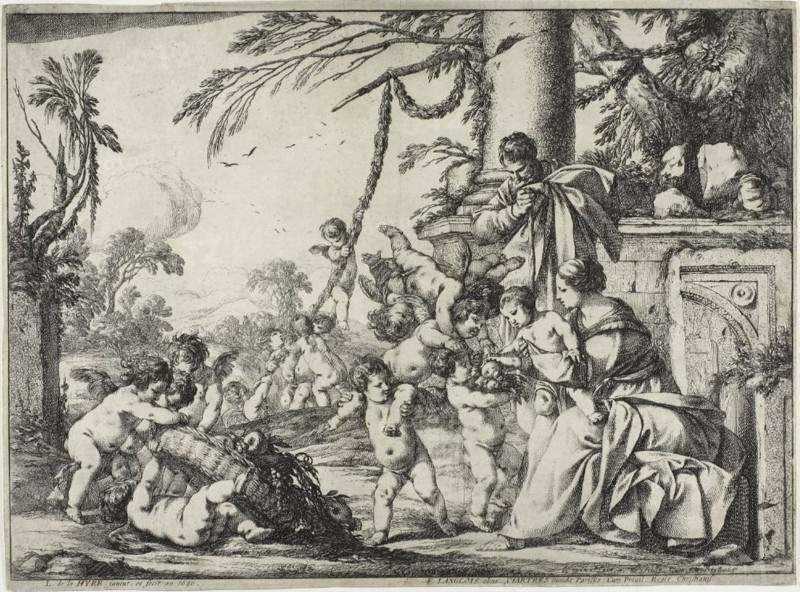The Holy Family with Putti, 1640, Laurent de la Hyre, French, 1606-1656, France, Etching on ivory laid paper, 288 × 400 mm (image), 300 × 405 mm (sheet)