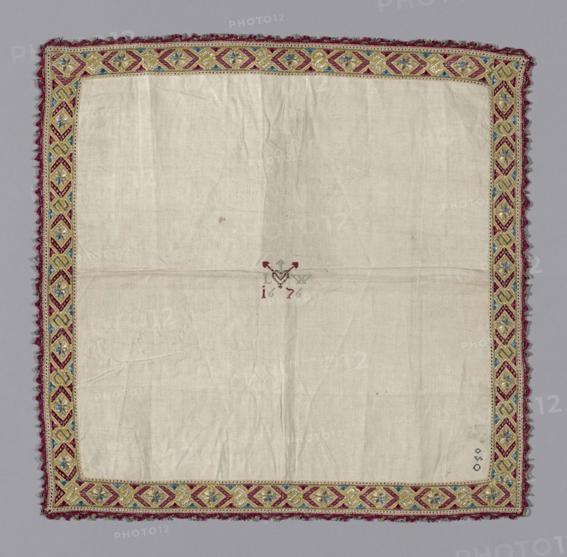 Handkerchief, 1676, Italy, Linen, plain weave, cut and drawn work, embroidered silk and gilt-metal-strip-wrapped silk in cross, satin, buttonhole, overcast, detached overcast, and four-sided stitches, edged with applied silk and gilt-metal-strip-wrapped silk braid, 43.5 x 44.4 cm (17 1/8 x 17 1/2 in.)
