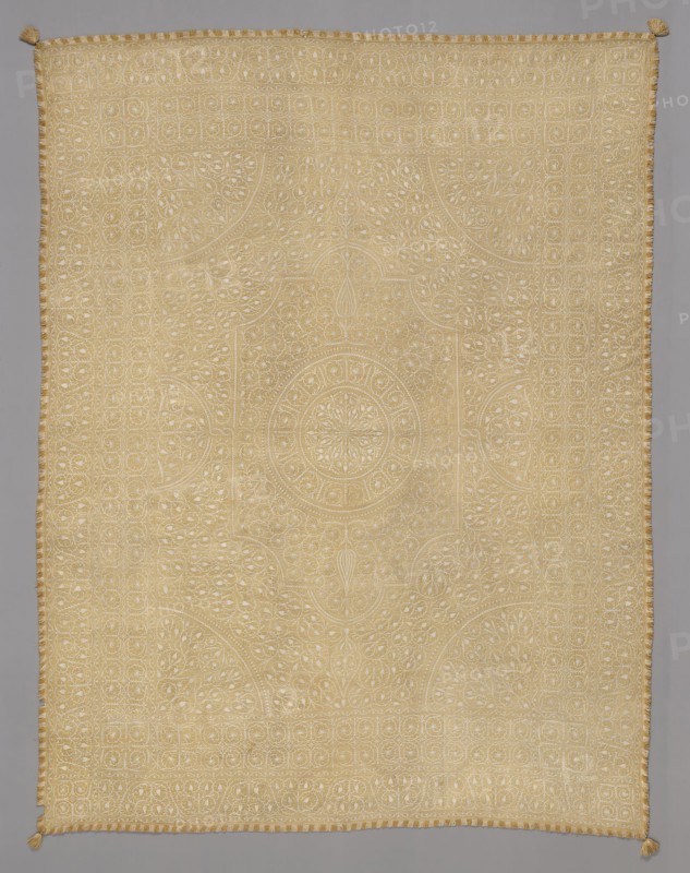 Cover, 1601/50, India, Bengal, India, Three panels joined: silk (tussar), plain weave, embroidered with cotton in chain (tambour work) stitches, lining: cotton, plain weave, edging: silk, plain weave with looped and plied warp fringe, attached silk and cotton tassels at all four corners, 301 x 237.5 cm (118 1/2 x 93 in.)
