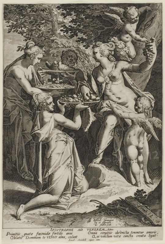 Venus Receiving Gifts, c. 1588, Aegidius Sadeler (Flemish, 1570-1629), after Bartholomaeus Spranger (Flemish, 1546-1611), Flanders, Engraving in black on ivory laid paper, 278 × 186 mm (image/sheet, sight), cut within platemark
