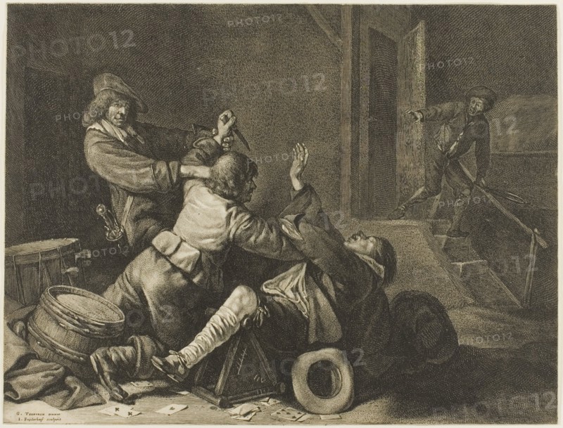 Three Men Struggling in an Interior, n.d., Jonas Suyderhoef (Dutch, c. 1613-1686), after Gerard ter Borch (Dutch, 1617-1681), The Netherlands, Etching in black on cream laid paper, 286 x 377 mm (image), 288 x 378 mm (sheet), cut within platemark