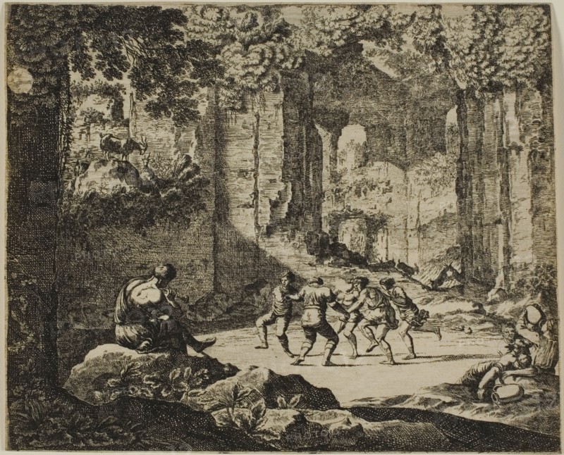 Dance of Shepherds in Antique Ruins, n.d., Jean le Pautre, French, 1618-1682, France, Etching on ivory laid paper, 146 × 180 mm