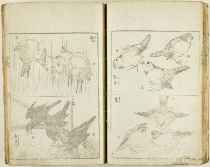 Santai gafu (Album of Drawings in Three Ways), complete in 1 vol., c. 1816, Katsushika Hokusai ?? ??, Japanese, 1760-1849, Japan, Book, woodblock printed, 22.5 x 15.5 cm (8 7/8 x 6 1/8 in.) (closed), 22.5 x 28.3 cm (8 7/8 x 11 1/8 in.) (opened)