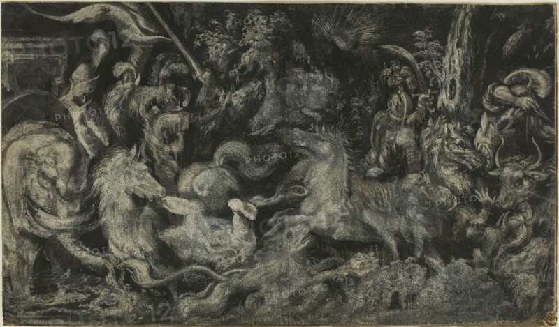 A Nightmare, after 1573, Melchior Bocksberger, German, c. 1530/35-1587, Germany, Brush and white gouache on cream laid paper prepared with a black wash, laid down onto a partial ivory laid paper mount, 209 × 364 mm