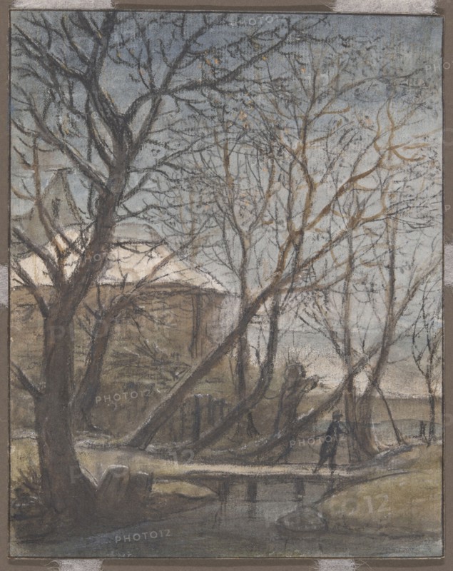 Winter Landscape with a Man Crossing, c. 1660, Anthonie Waterloo, Dutch, 1609-1690, Netherlands, Black chalk, over translucent and opaque watercolors, with touches of white chalk (recto) and pen and brown ink ledger (verso) on off-white laid paper, incised for transfer, 197 x 158 mm
