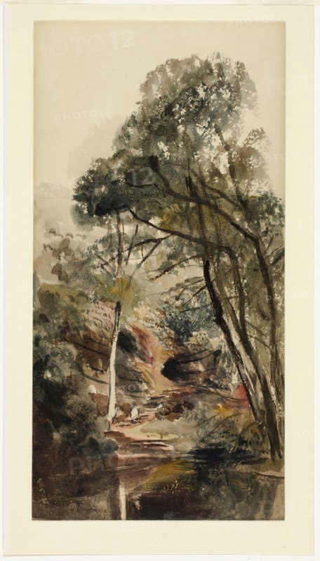 A Wooded River Landscape, 1839/40, Peter de Wint, English, 1784-1849, England, Watercolor, over graphite, on cream wove paper (pieced) laid down on ivory wove paper, 320 × 162 mm