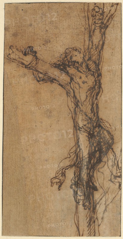 Study for Polycrates’ Crucifixion, c. 1662, Salvator Rosa, Italian, 1615-1673, Italy, Pen and brown iron gall ink on tan laid paper, laid down on cream laid paper, 132 x 67 mm