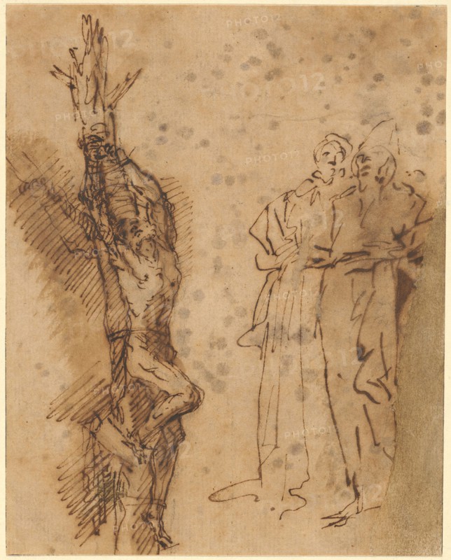 Study for Polycrates’ Crucifixion, c. 1662, Salvator Rosa, Italian, 1615-1673, Italy, Pen and brown iron gall ink, with brush and brown wash, over traces of graphite on buff laid paper, laid down on cream laid paper, 177 x 141 mm