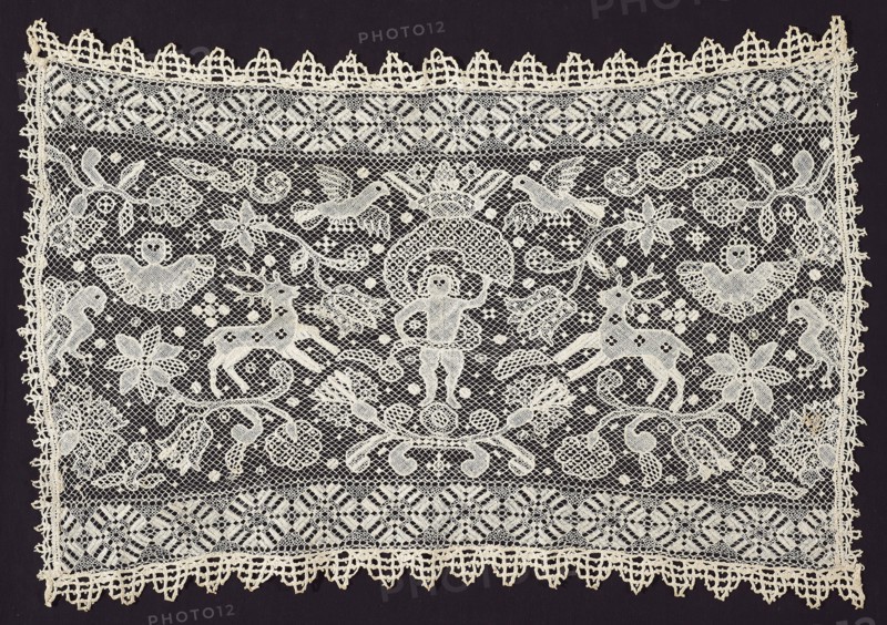 Panel, 17th century, Germany, Hamburg, Germany, Linen, knotted netting, embroidered with linen in cloth, interlocking lace, and buttonhole stitches and woven wheels (lacis construction), edged on all sides with attached bobbin lace, 40 x 57 cm (15 3/4 x 22 7/16 in.)