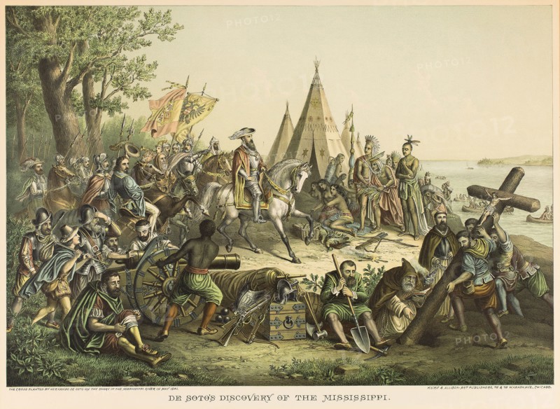 DeSoto’s Discovery of the Mississippi River, 1896, Unknown Artist, published by Kurz and Allison (American, founded in Chicago, 1880), United States, Color lithograph on off-white wove paper, 442 x 640 mm (image, sight), 485 x 655 mm (sheet, sight)