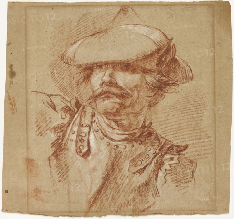 Head of a Soldier, n.d., Attributed to Charles Parrocel, French, 1688-1752, France, Red chalk heightened with white chalk on tan laid paper, 295 × 265 mm