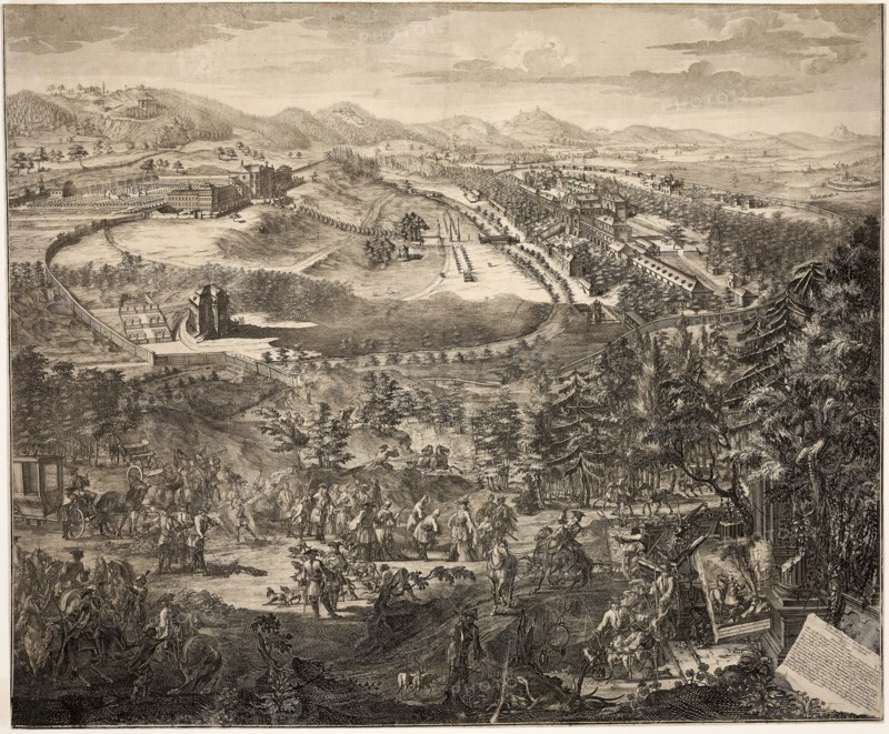 Kuks Baden, Bohemia, c. 1725, Unknown Artist (German, 18th century), printed and published by Johann Christian Müller (German, 18th century), Germany, Engraving and etching (recto) and woodblock print (verso) in black on cream laid paper, 653 × 789 mm (image), 660 × 798 mm (sheet, trimmed within platemark)