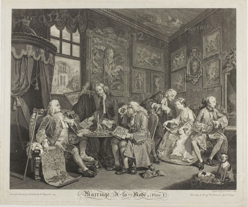 Plate One, from Marriage à la Mode, 1745, Gérard Scotin II (French, 1698-1755), after WIlliam Hogarth (English, 1697-1764), France, Etching and engraving in black on ivory laid paper, 353 × 440 mm (image), 384 × 465 mm (plate), 402 × 480 mm (sheet)