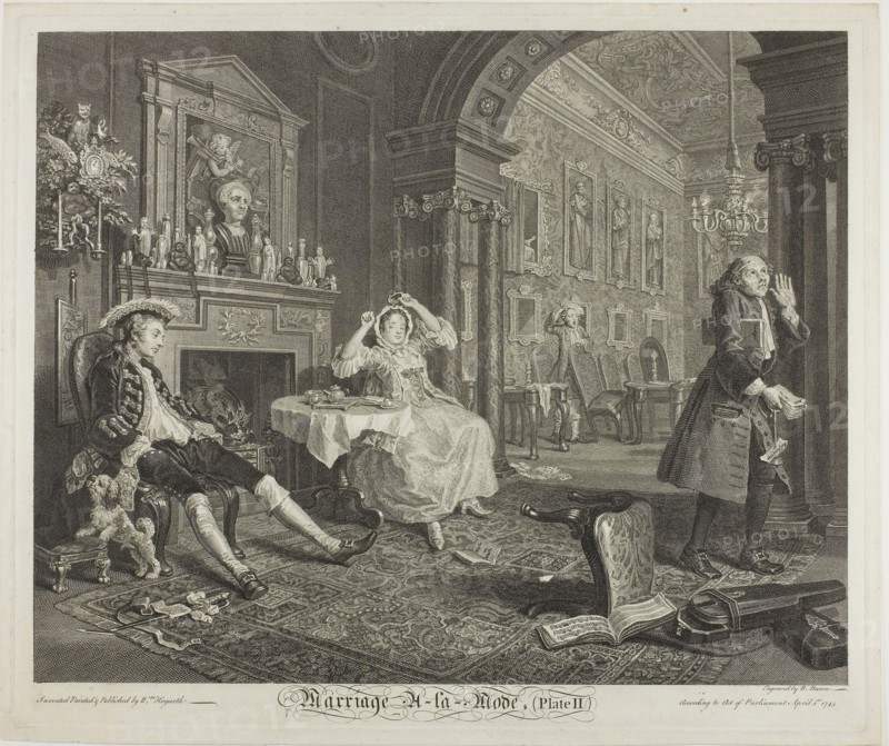 Plate Two, from Marriage à la Mode, 1745, Bernard Baron (French, 1696-1762), after William Hogarth (English, 1697-1764), France, Etching and engraving in black with  traces of pen and black ink on ivory laid paper, 355 × 443 mm (image), 385 × 464 mm (plate), 404 × 480 mm (sheet)
