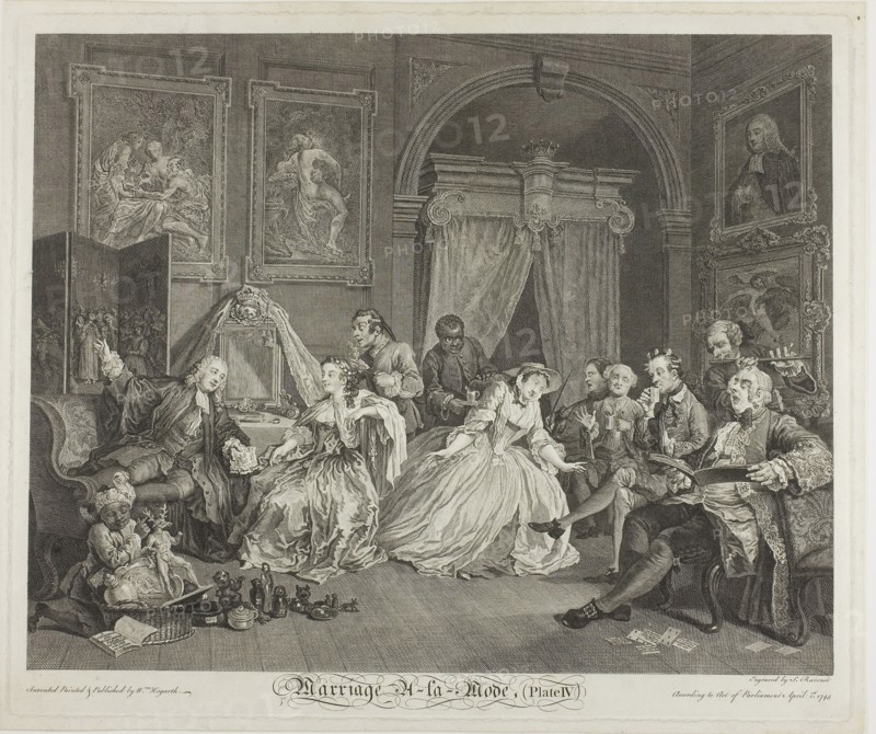 Plate Four, from Marriage à la Mode, 1745, Simon Francis Ravenet (French, 1706 or 1721-1774), after William Hogarth (English, 1697-1764), France, Etching and engraving in black on ivory laid paper, 354 × 445 mm (image), 387 × 465 mm (plate), 405 × 480 mm (sheet)