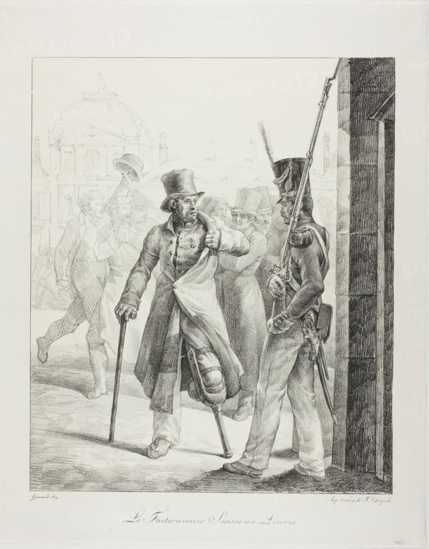 Swiss Sentry at the Louvre, 1819, Jean Louis André Théodore Géricault, French, 1791-1824, France, Lithograph on ivory wove paper (discolored to cream), 397 × 330 mm (image), 491 × 387 mm (sheet)