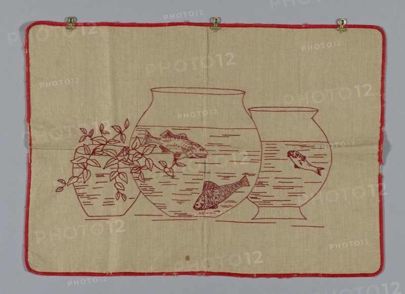 Splash Cloth, c. 1872, United States, Linen, warp-float-faced 'S' twill weave, embroidered with cotton in stem and long and short stitches, edged with wool braid, applied metal alloy hanging rings, 47 x 63 cm (18 1/2 x 24 7/8 in.)