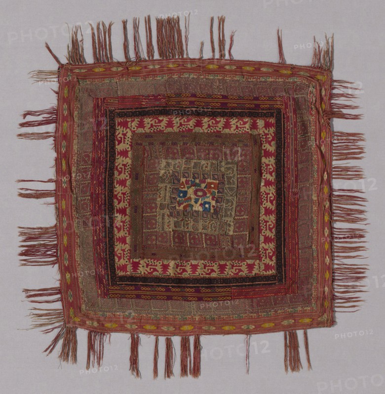 Pillow Cover, 1850/99, Possibly Rhodes (Dodecanese Islands) or mainland Greece, Greece, Wool, cotton, and linen, various plain weaves, some balanced, some weft-faced, some fulled, some with discontinuous wefts, pieced, embroidered in chain, buttonhole, tent, long and short, cross, and back and double running stitches, 87.1 x 90.6 cm (34 1/4 x35 5/8 in.)