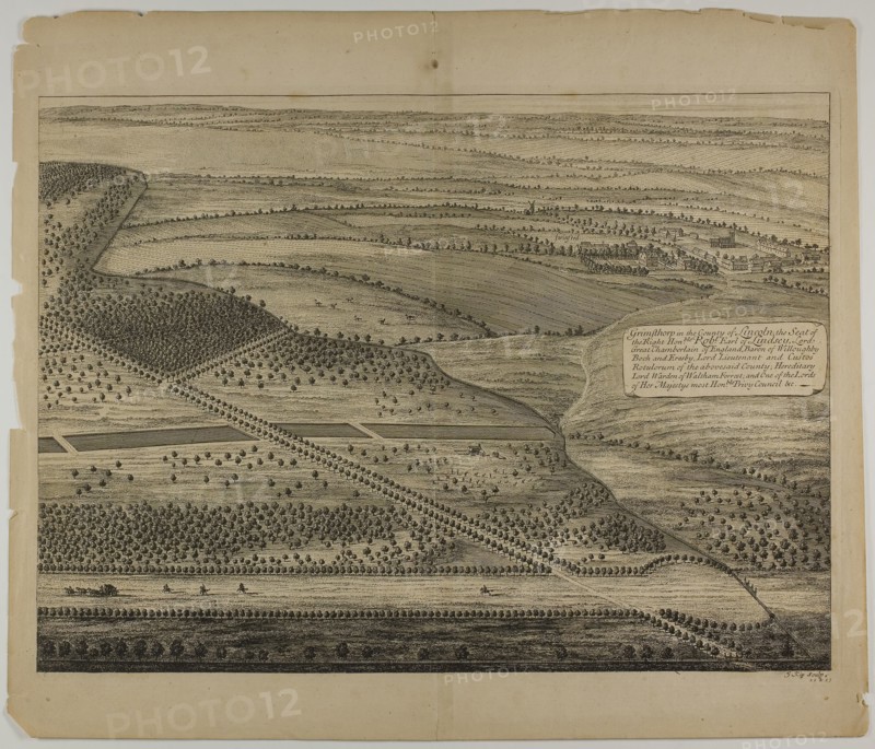 Grimthorp in the County of Lincoln, plate 23 from Britannia Illustrata, published 1707, Jan Kip (Dutch, c. 1653-1722), after Leonard Knyff (Dutch, 1650-1721), published by David Mortier (French, 1673-1728), Netherlands, Etching, with engraving, in black on cream laid paper, 347 x 476 mm (image), 360 x 490 mm (plate), 440 x 516 mm (sheet)
