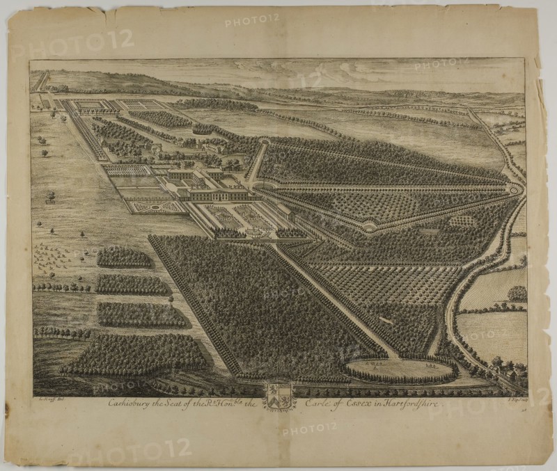 Cashiobury, plate 28 from Britannia Illustrata, published 1707, Jan Kip (Dutch, c. 1653-1722), after Leonard Knyff (Dutch, 1650-1721), published by David Mortier (French, 1673-1728), Netherlands, Etching, with engraving, in black on cream laid paper, 323 x 472 mm (image), 348 x 479 mm (plate), 440 x 520 mm (sheet)