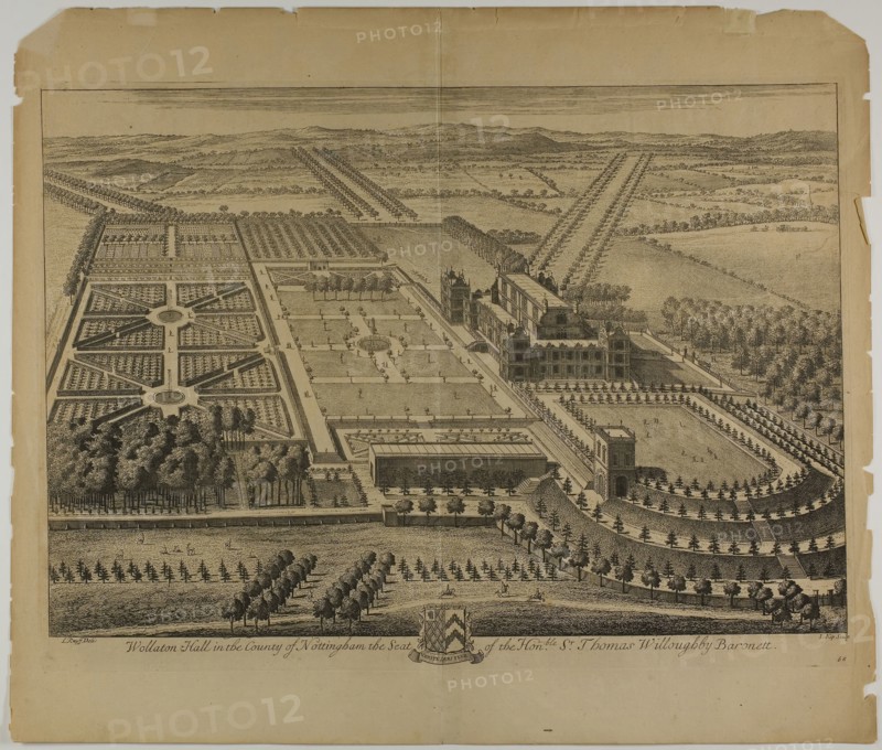 Wollaton Hall in the County of Nottingham, plate 68 from Britannia Illustrata, published 1707, Jan Kip (Dutch, c. 1653-1722), after Leonard Knyff (Dutch, 1650-1721), published by David Mortier (French, 1673-1728), Netherlands, Etching, with engraving, in black on cream laid paper, 326 x 474 mm (image), 352 x 483 mm (plate), 439 x 514 mm (sheet)