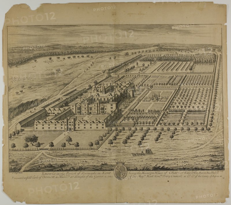 Knowle in the Parish of Sevenoaks in Kent, plate 24 from Britannia Illustrata, published 1707, Jan Kip (Dutch, c. 1653-1722), after Leonard Knyff (Dutch, 1650-1721), published by David Mortier (French, 1673-1728), Netherlands, Etching and engraving in black on cream laid paper, 324 x 475 mm (image), 350 x 485 mm (plate), 444 x 500 mm (sheet)
