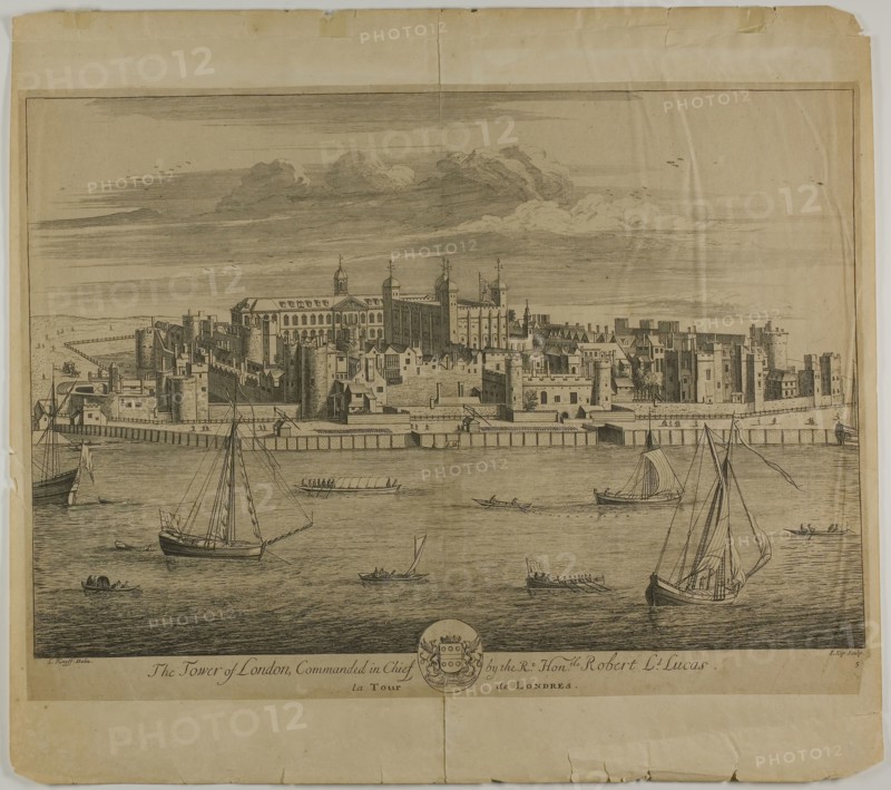 The Tower of London, plate five from Britannia Illustrata, published 1707, Jan Kip (Dutch, c. 1653-1722), after Leonard Knyff (Dutch, 1650-1721), published by David Mortier (French, 1673-1728), Netherlands, Etching in black on buff laid paper, laid down on cream wove paper, 322 x 476 mm (image), 352 x 484 mm (primary support, platemark not visible), 443 x 500 mm (secondary support)