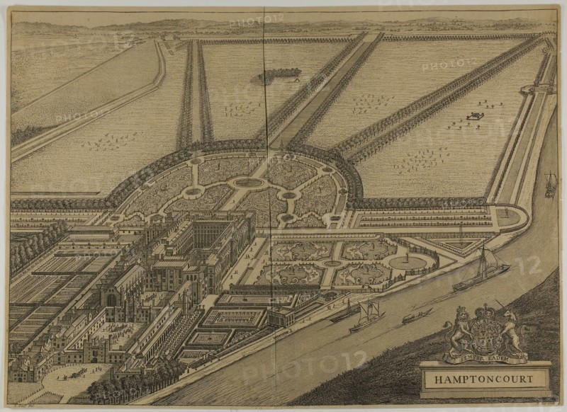 Hampton Court, plate six from Britannia Illustrata, published 1707, Jan Kip (Dutch, c. 1653-1722), after Leonard Knyff (Dutch, 1650-1721), published by David Mortier (French, 1673-1728), Netherlands, Etching, with engraving, in black on tan laid paper, 340 x 476 mm (image, platemark not visible), 349 x 483 mm (sheet)