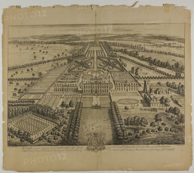 Wimple in the County of Cambridge, plate 32 from Britannia Illustrata, published 1707, Jan Kip (Dutch, c. 1653-1722), after Leonard Knyff (Dutch, 1650-1721), published by David Mortier (French, 1673-1728), Netherlands, Etching, with engraving, in black on cream laid paper, 322 x 474 mm (image), 350 x 480 mm (plate), 443 x 506 mm (sheet)