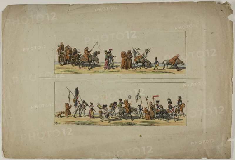 Plates Three and Four, from L’Ouverture de la Campagne des Ultras contre la XIXe siecle, n.d., Unknown Artist, French, 19th century, France, Two etchings, with watercolor, on cream wove paper, 67 × 205 mm (top image), 67 × 206 mm (bottom image), 178 × 206 mm (plate), 246 × 362 mm (sheet)
