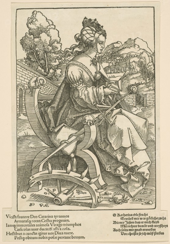 Saint Catherine, 1505/07, Hans Baldung Grien, German, c. 1480-1545, Germany, Woodcut in black with letterpress on ivory laid paper, 232 × 158 mm (image/block), 273 × 190 mm (sheet)