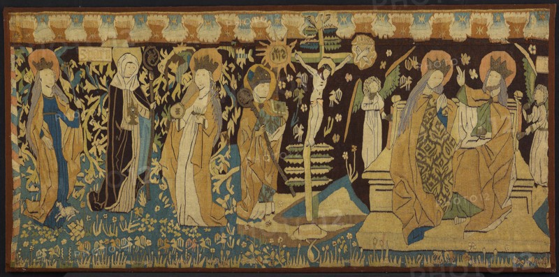 Altar Frontal, c. 1450, Germany, probably Middle Rhine region, Germany, Linen, wool, and gilt- and silvered-metal-strip-wrapped silk, slit and dovetailed tapestry weave, embroidered with silk in back and split stitches, 195.9 x 93.7 cm (77 1/8 x 36 7/8 in.)